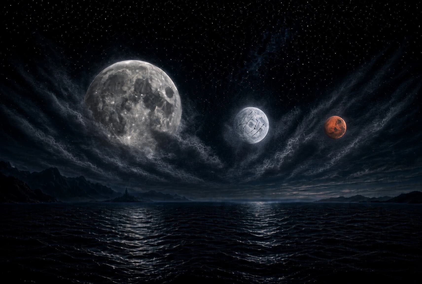 The three moons of Thalor — Ilyra, Morwen, Elandra — over the world-ocean