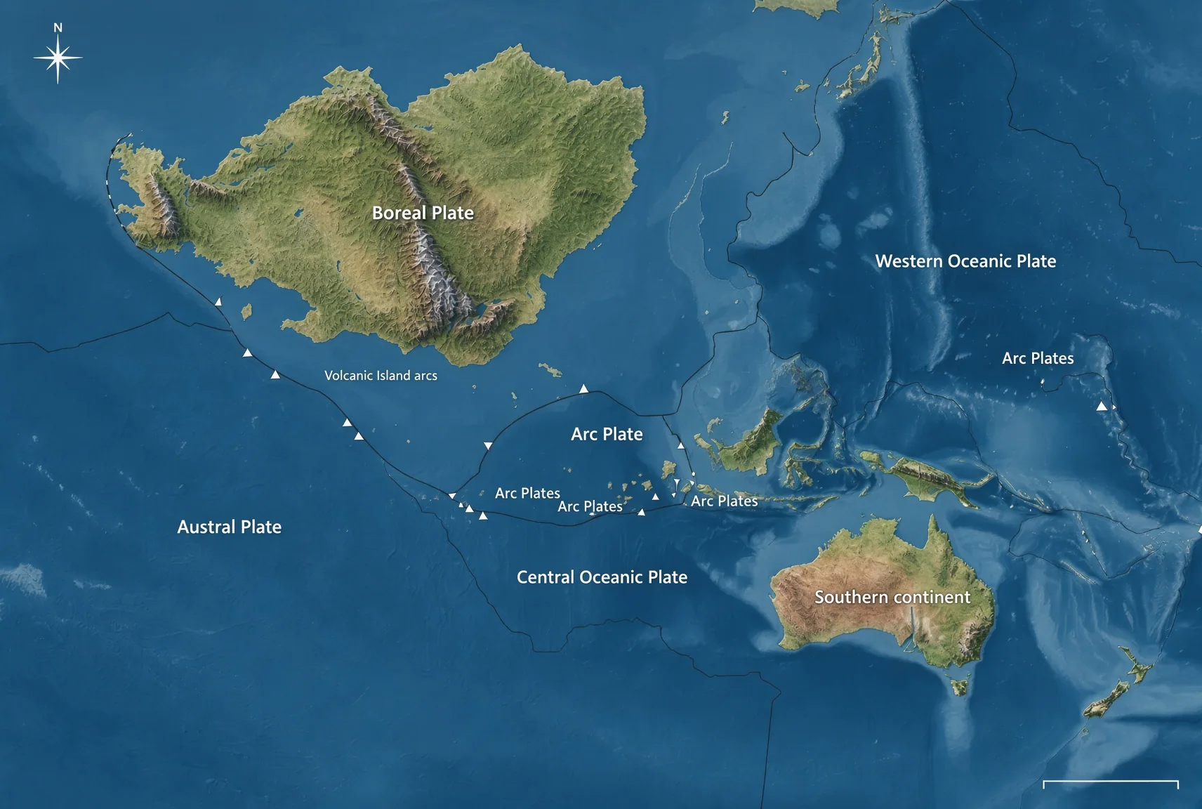 Surface topology of Thalor: the Boreal Plate carrying the northern continent, the Southern continent to the south-east, and the volcanic island arc of the Arc Plate strung between them across the Central and Western Oceanic Plates.